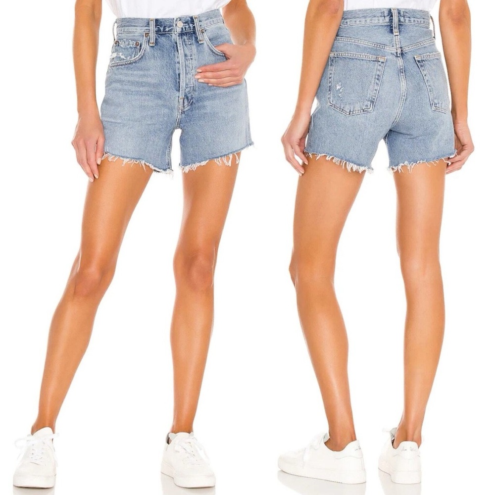 AGOLDE Womens Riley Blue Denim Long Cutoff Shorts Size 24 Organic Cotton Jean